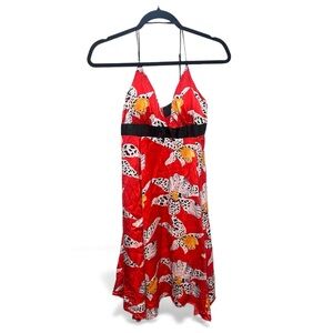 Y2K 100% Silk Vibrant Red Floral Dress